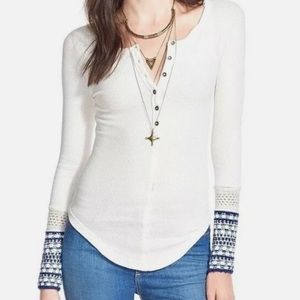 Free People Newbie Ski Lodge Knit Cuff Thermal Long Sleeve Top BLUE white